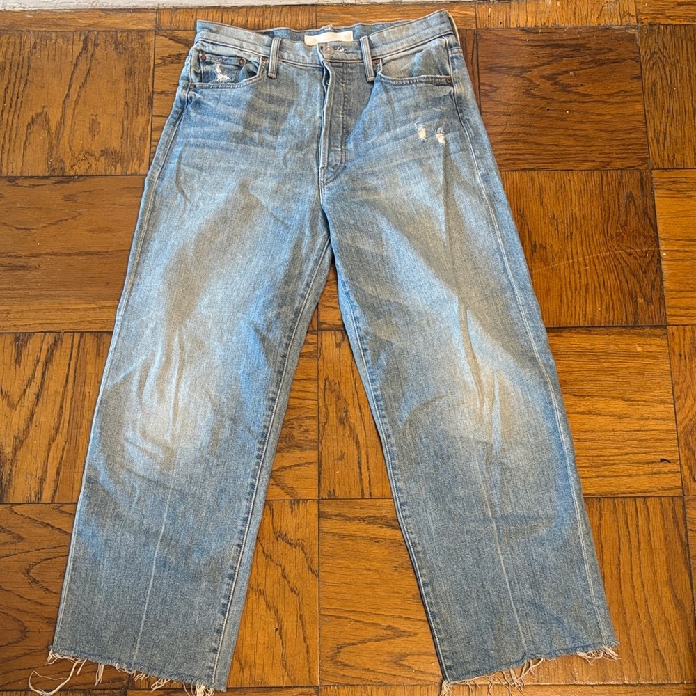 Mother Blue Denim Jeans with Frayed Hem
